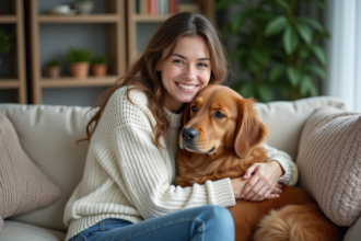 Femme souriante avec un retriever dans un salon cosy