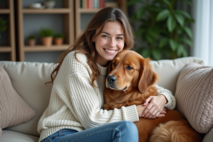 Femme souriante avec un retriever dans un salon cosy