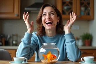 Femme souriante dans une cuisine chaleureuse avec un poisson rouge