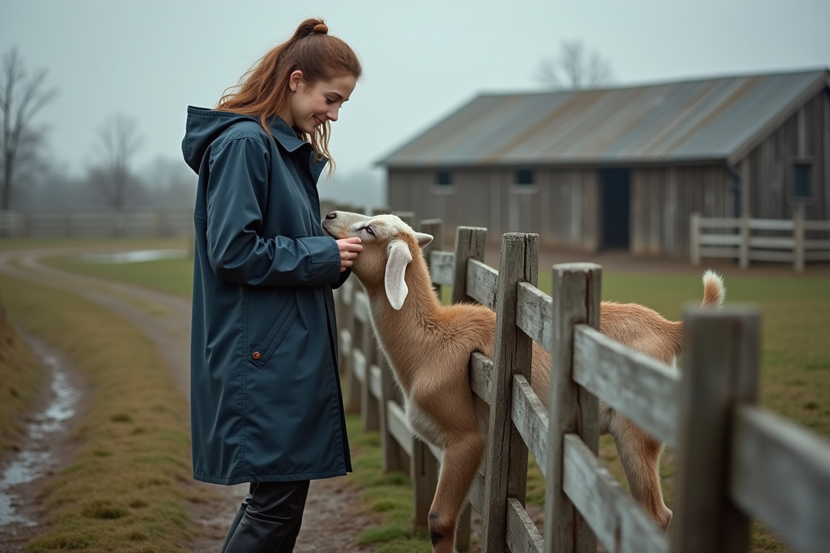 Jeune femme en imperméable observant une chèvre dans un champ