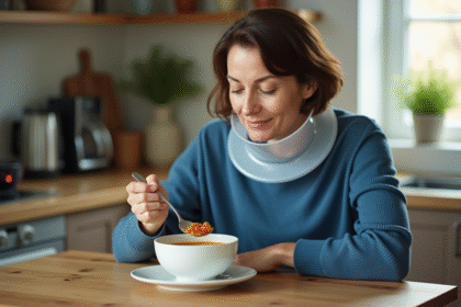 Femme mangeant soupe avec collier plastique dans une cuisine chaleureuse