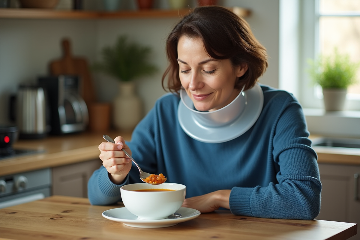 Femme mangeant soupe avec collier plastique dans une cuisine chaleureuse