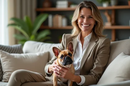 Femme souriante avec un chien dans un salon moderne