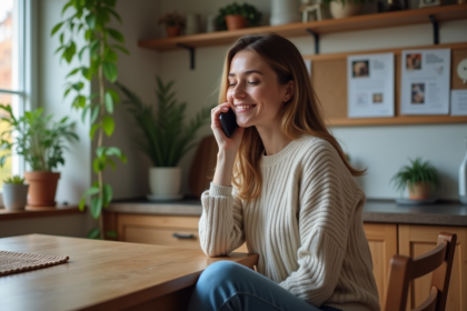Femme au téléphone dans une cuisine chaleureuse