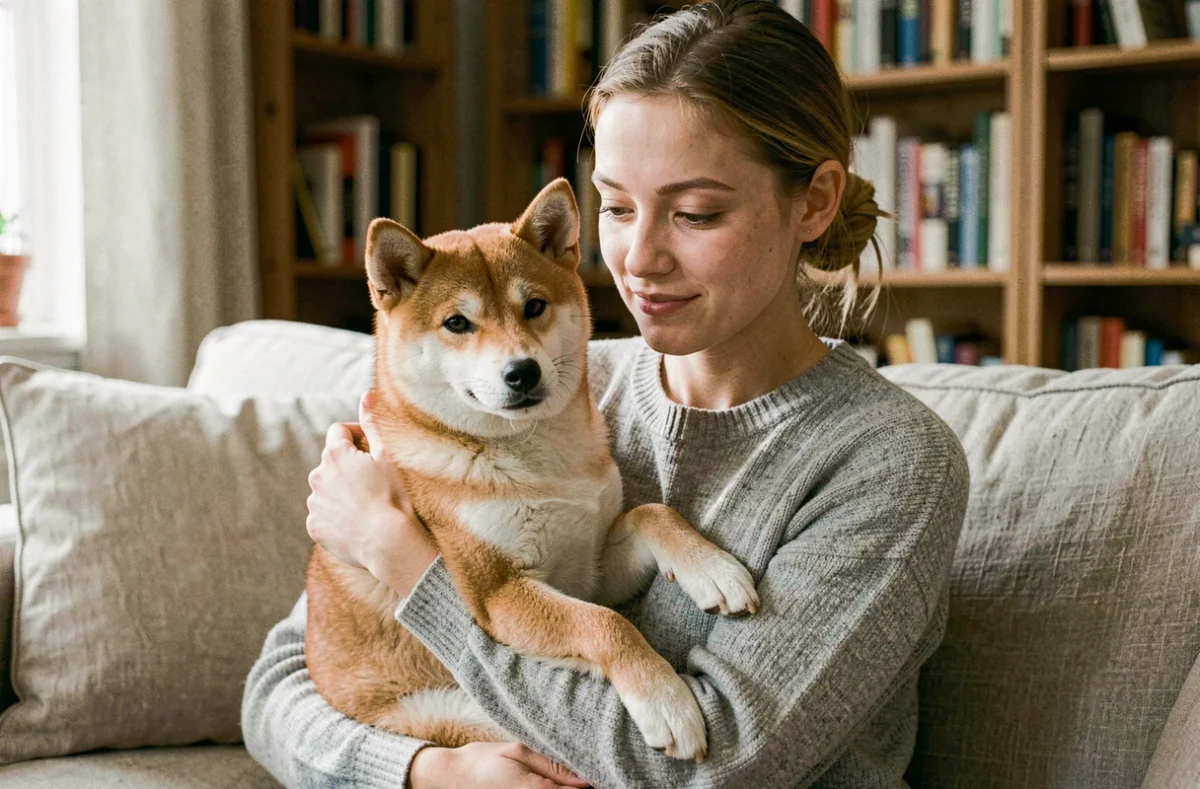 Jeune femme tenant dans ses bras un petit shiba inu au pelage dense orange et crème dans un salon chaleureux