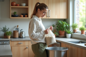 Femme triant du litière pour chat dans la cuisine propre