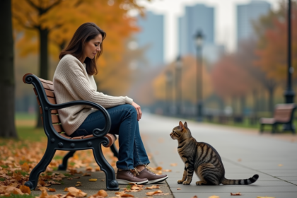 Femme assise sur un banc dans un parc urbain avec un chat