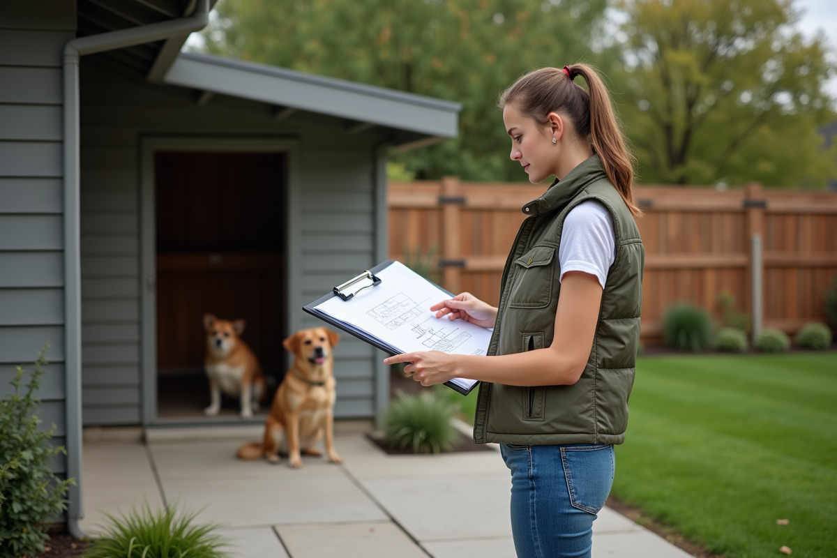 Jeune femme examinant un plan de systeme septique avec chiens