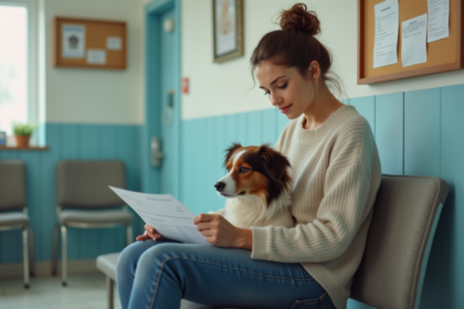 Jeune femme avec chien dans une salle d'attente vétérinaire