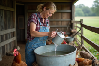 Fermière dans la ferme remplissant un abreuvoir à poules