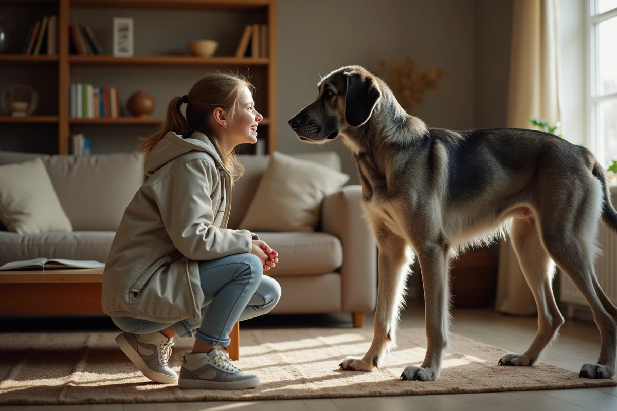 Jeune fille et chien dans un salon chaleureux
