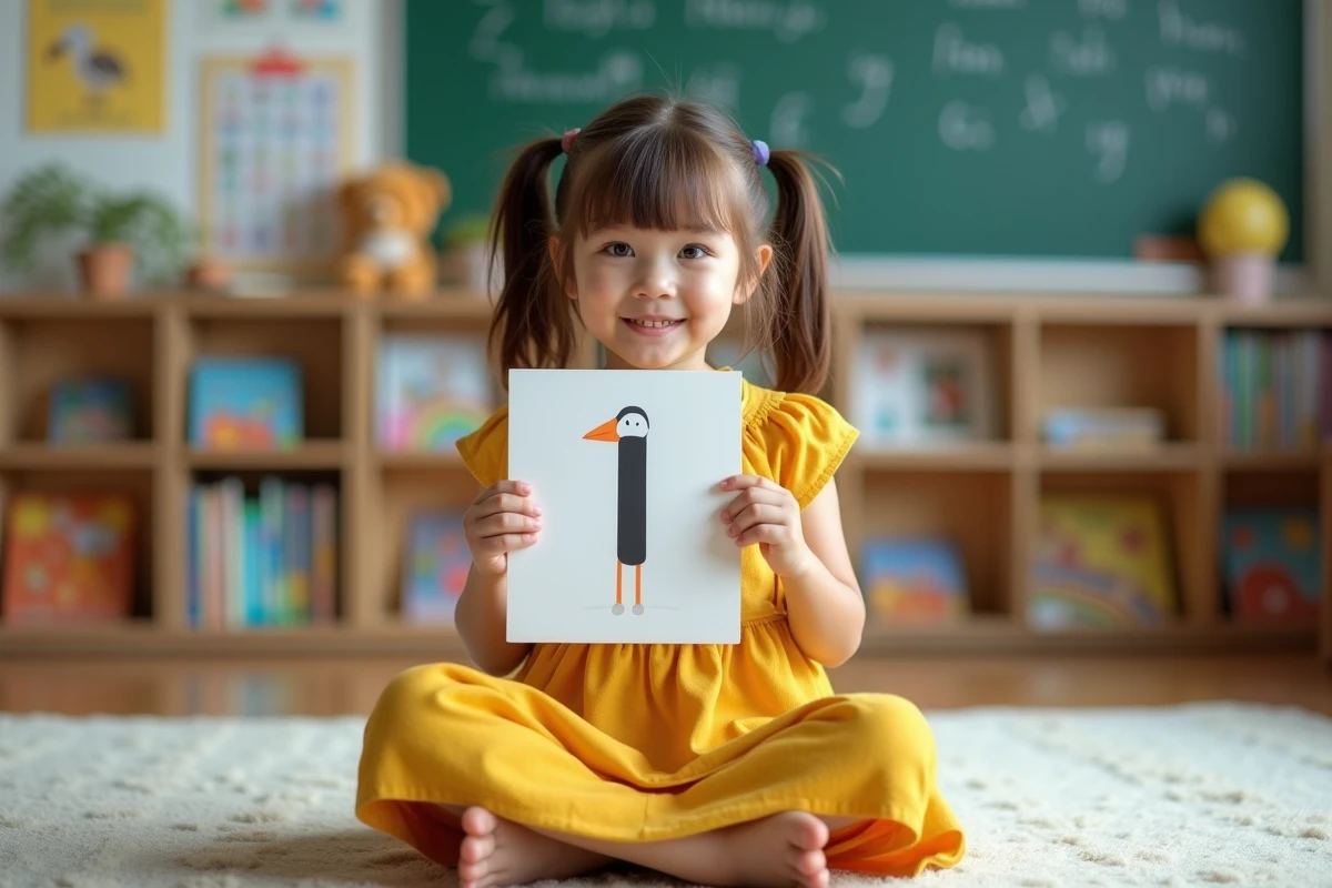 Fillette tenant une carte alphabet avec la lettre I et un ibis en classe