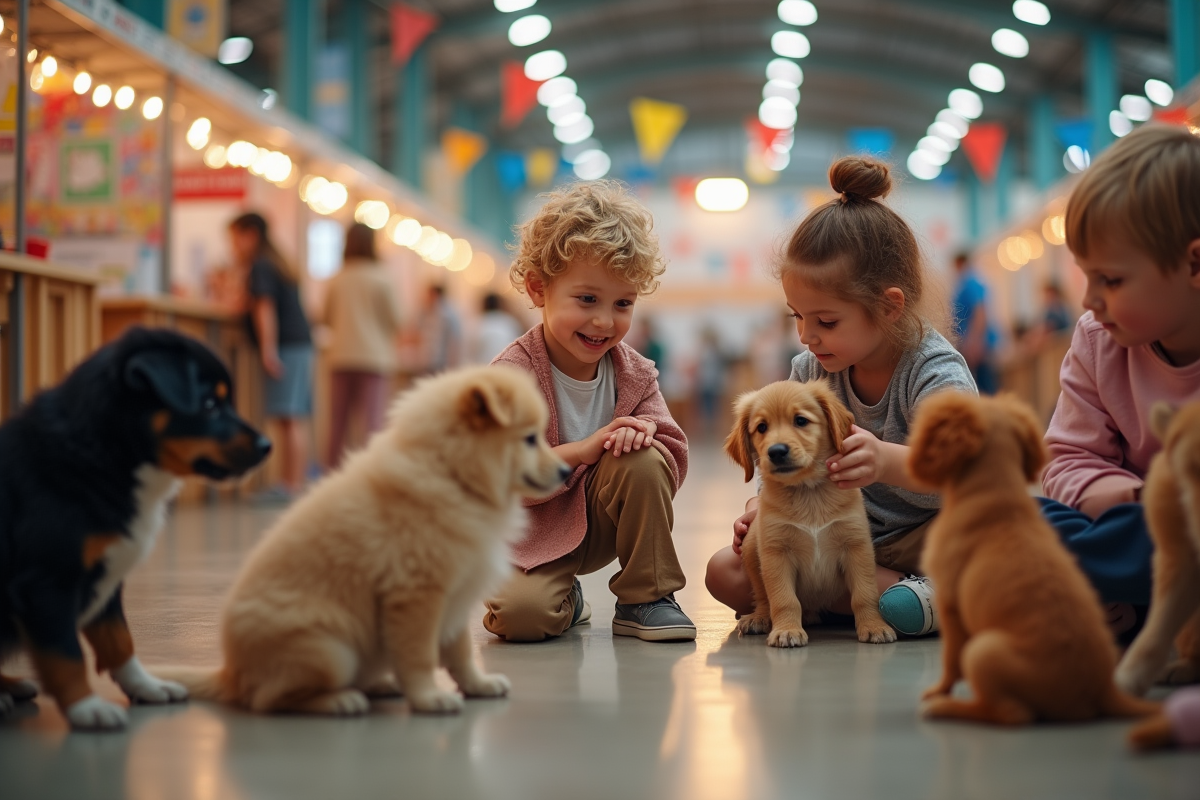 Foire aux chiots intérieure avec familles et chiots colorés