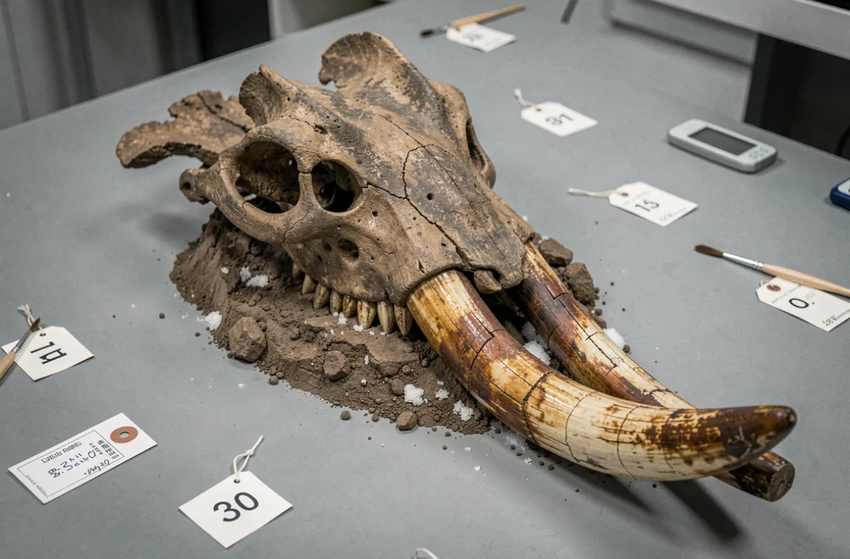 Crâne et défenses fossilisés de mammouth laineux sur une table de laboratoire paléontologique, entourés d'outils d'analyse scientifique