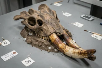 Crâne et défenses fossilisés de mammouth laineux sur une table de laboratoire paléontologique, entourés d'outils d'analyse scientifique