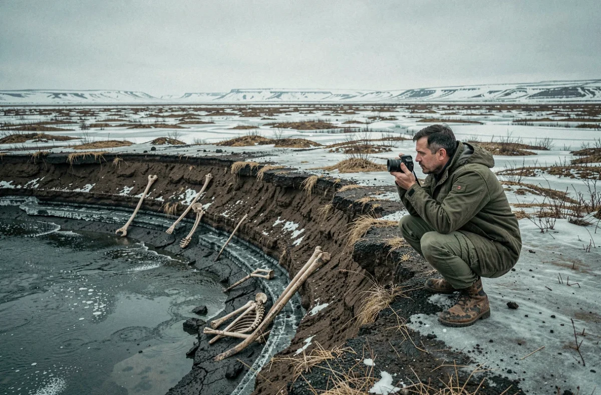 Géologue accroupi au bord d'une berge de pergélisol arctique révélant des ossements fossiles de mammouths enchâssés dans les sédiments gelés