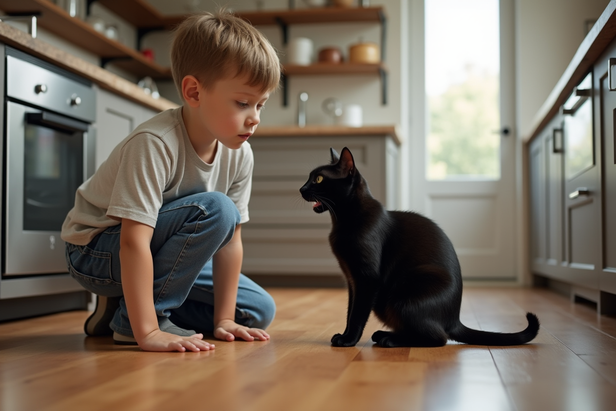Garçon avec chat noir dans une cuisine moderne