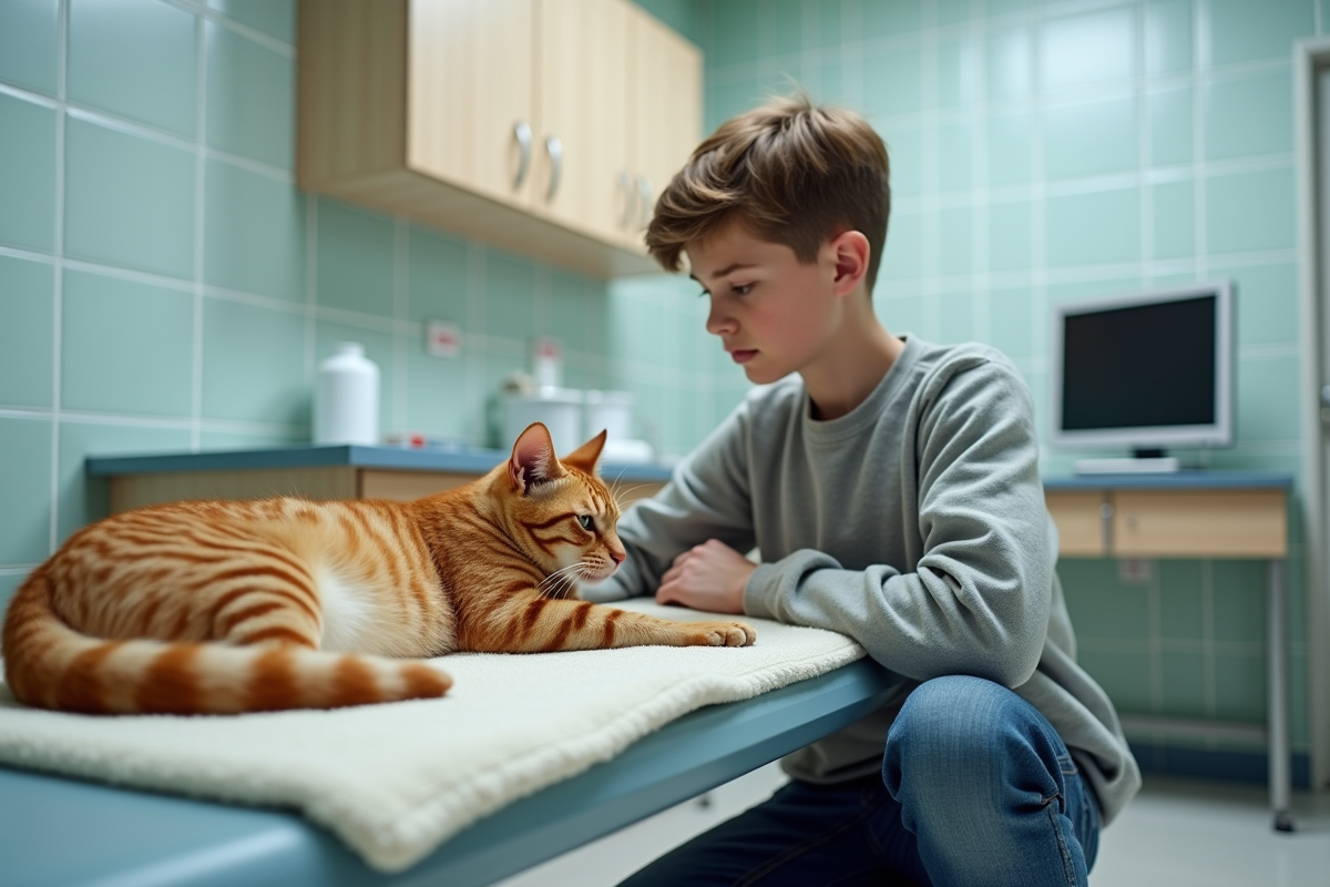 Adolescent avec un chat roux lors d