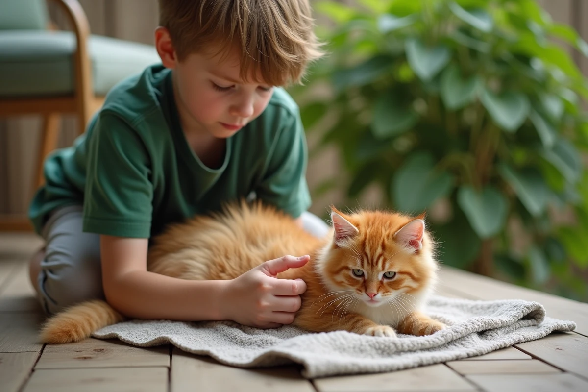 Jeune garçon détachant un chaton ginger dans un jardin en plein air