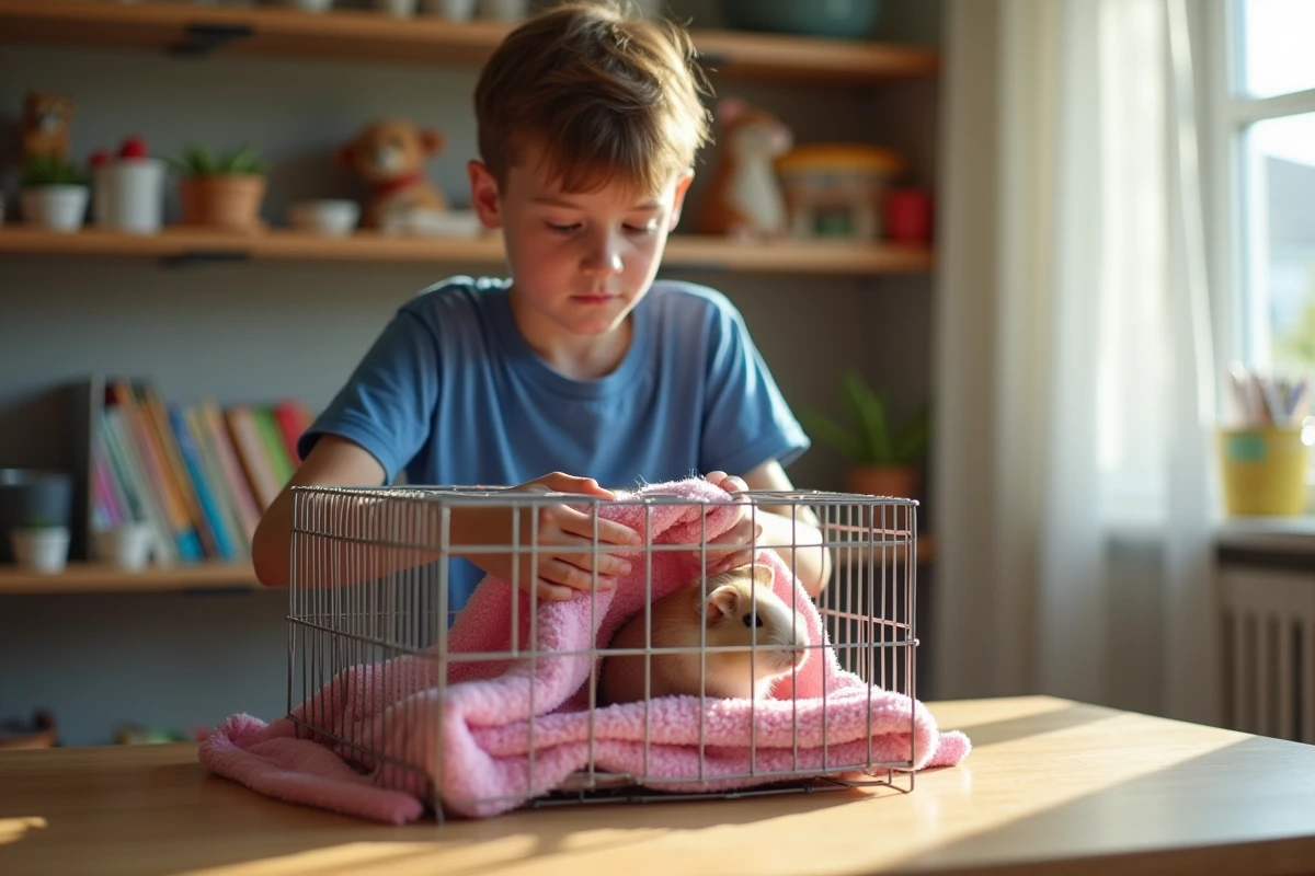 Garçon preteen brossant un guinea pig peau nue dans une cage