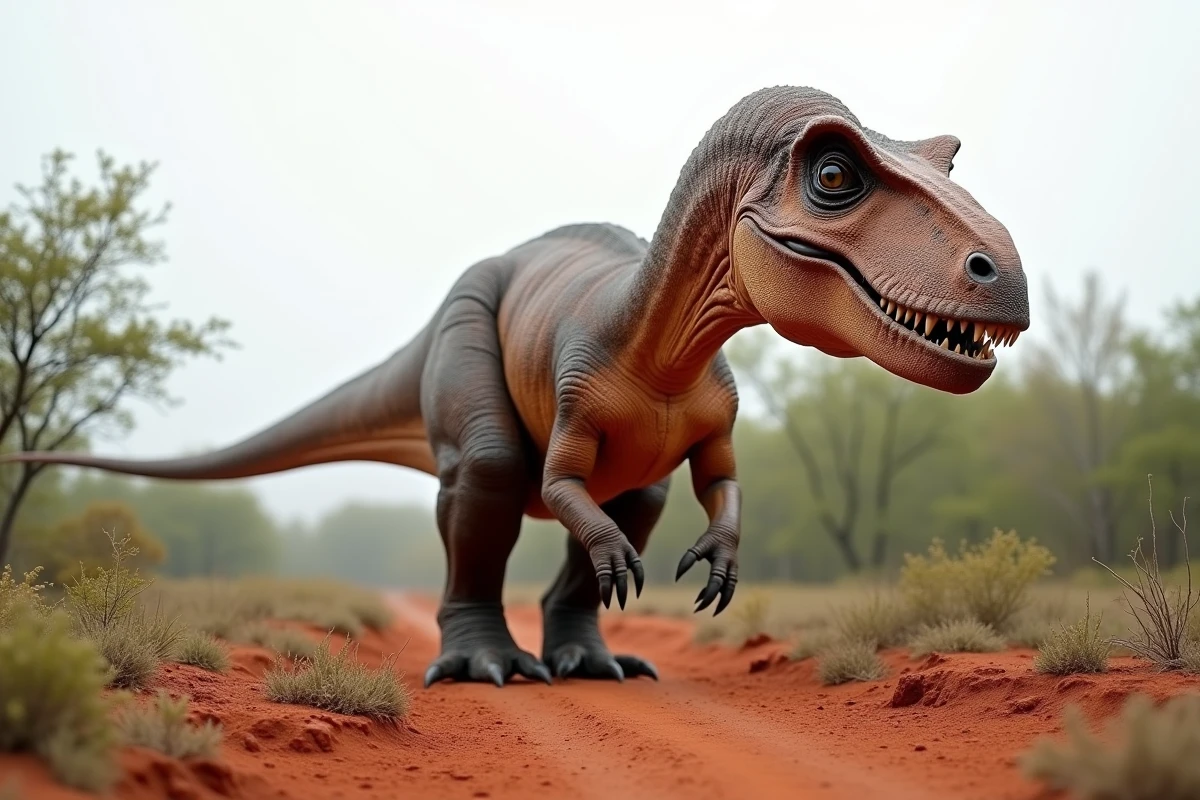 Giganotosaurus carolinii, rival du T. rex en taille, marchant dans un bois crétacé ouvert