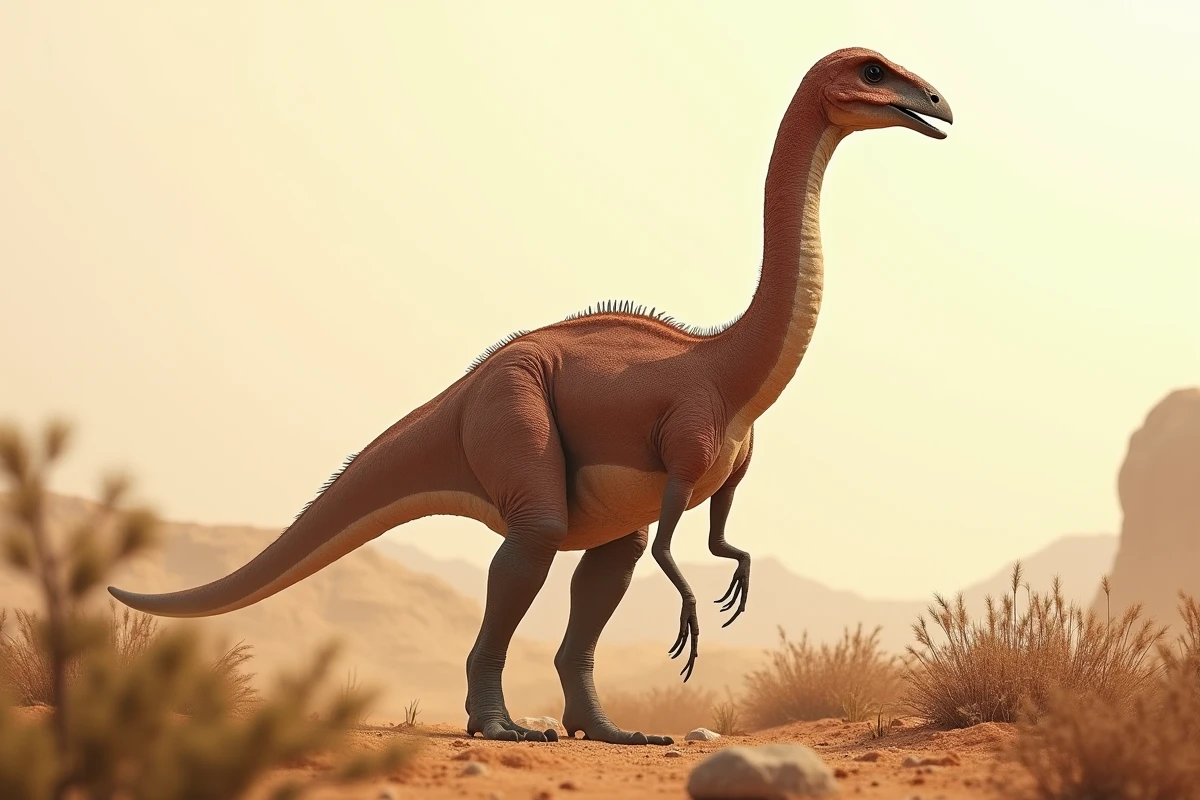 Gigantoraptor erlianensis, le plus grand oviraptoridé connu, dans un paysage asiatique aride du Crétacé