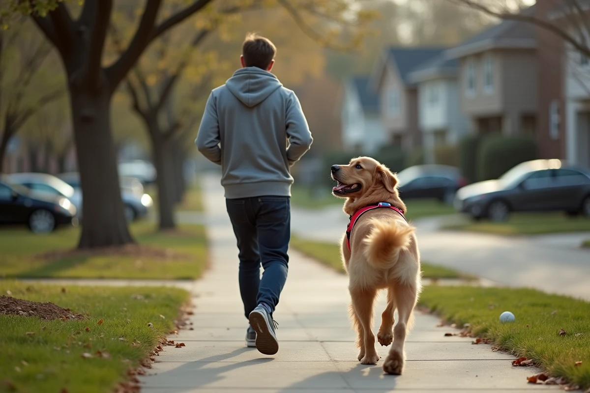 Golden retriever en mouvement avec son maître portant un harnais escape-proof à bandes réfléchissantes dans une rue résidentielle