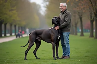 Grand Dane et homme dans un parc verdoyant