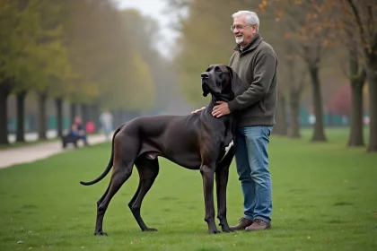 Grand Dane et homme dans un parc verdoyant