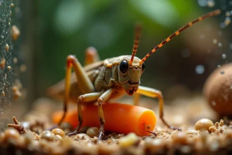 Gros plan d'un grillon brun mangeant une rondelle de carotte fraîche dans un terrarium en verre avec substrat naturel