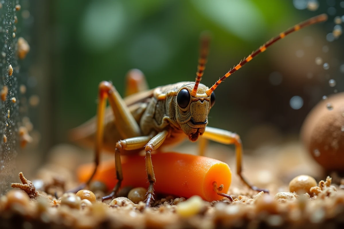 Gros plan d'un grillon brun mangeant une rondelle de carotte fraîche dans un terrarium en verre avec substrat naturel