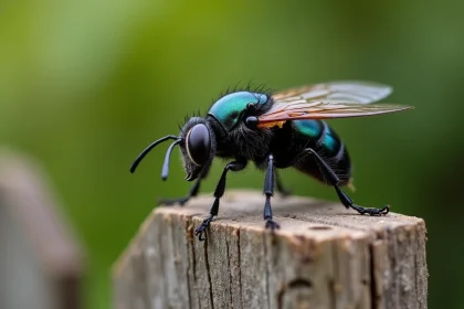 Gros insecte noir volant photographié en macro sur un poteau de bois pour identification, ailes déployées révélant les nervures