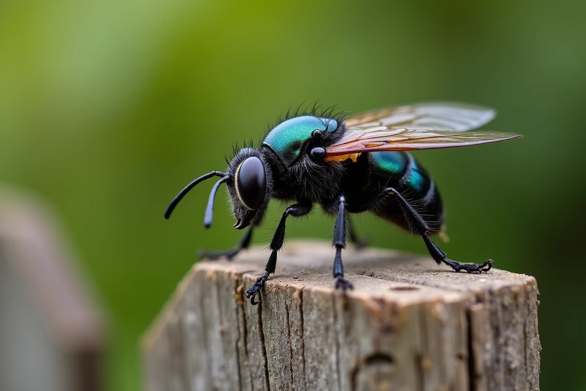 Gros insecte noir volant photographié en macro sur un poteau de bois pour identification, ailes déployées révélant les nervures