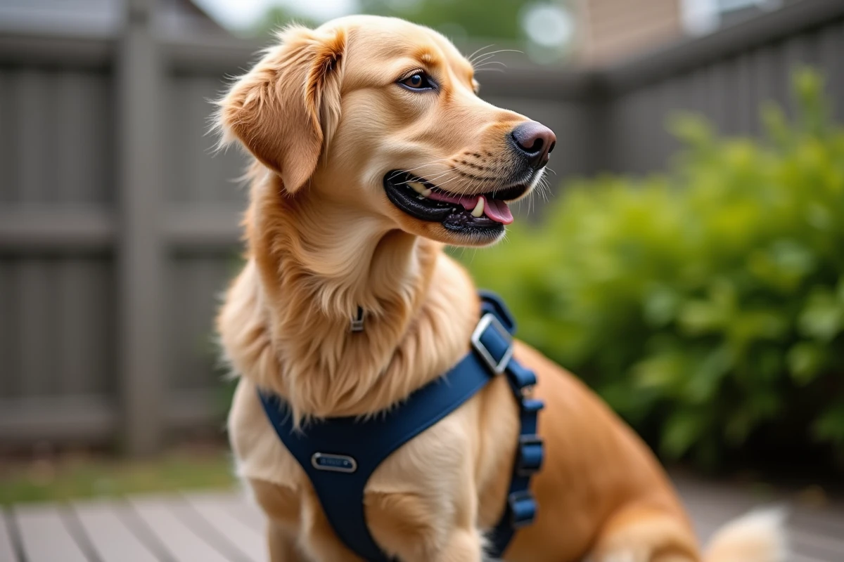 Gros plan d'un harnais anti-traction bien ajusté sur la poitrine d'un golden retriever assis sur une terrasse