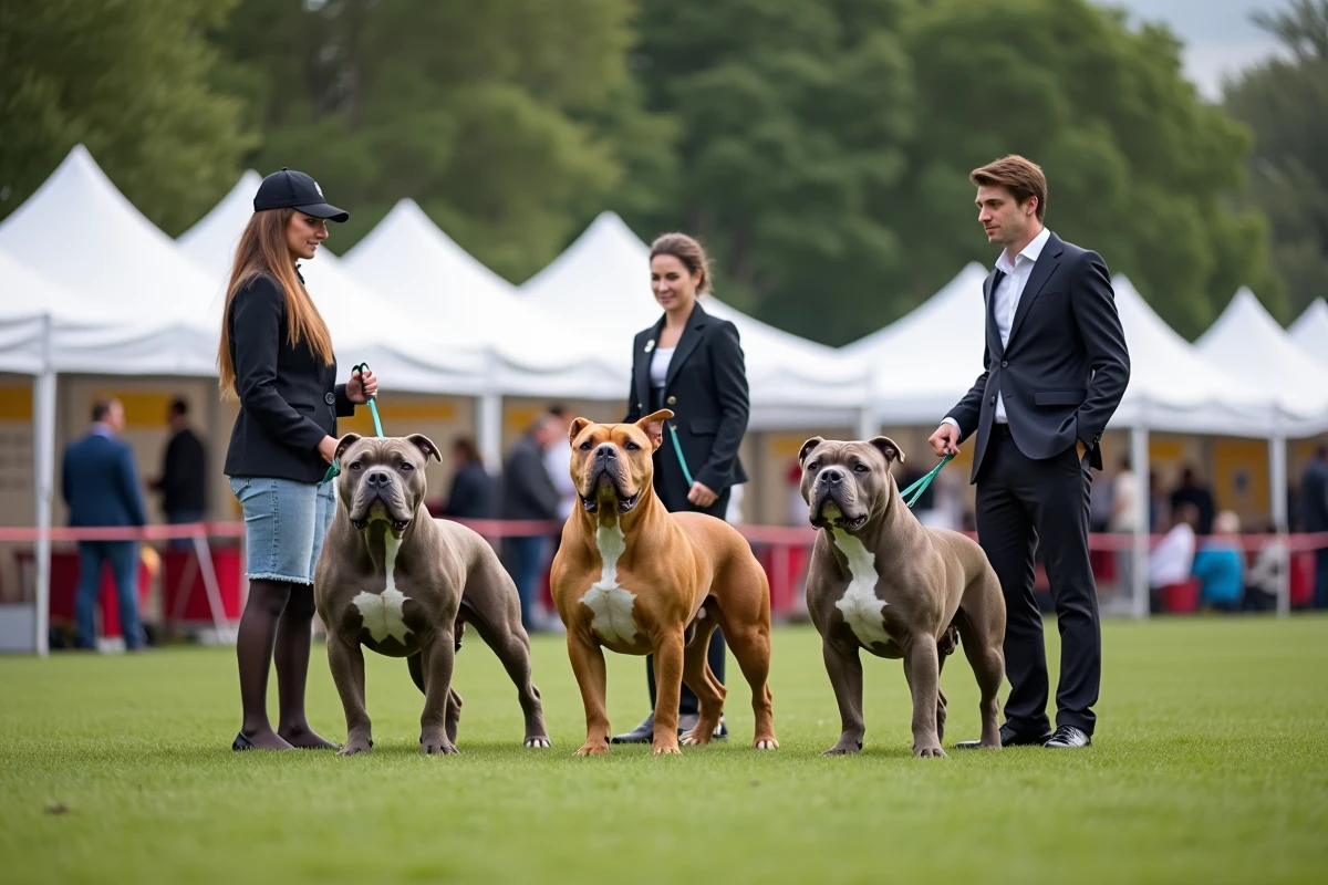 Trois American Bully en extérieur lors d