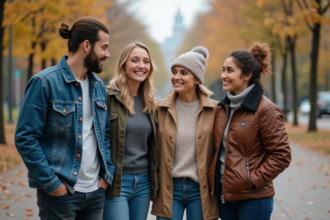 Quatre adultes divers en ville lors d'une promenade automnale