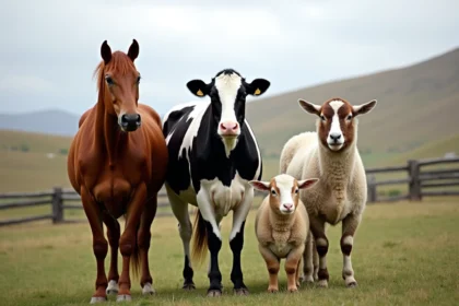 Groupe d'animaux de ferme dans un pré verdoyant