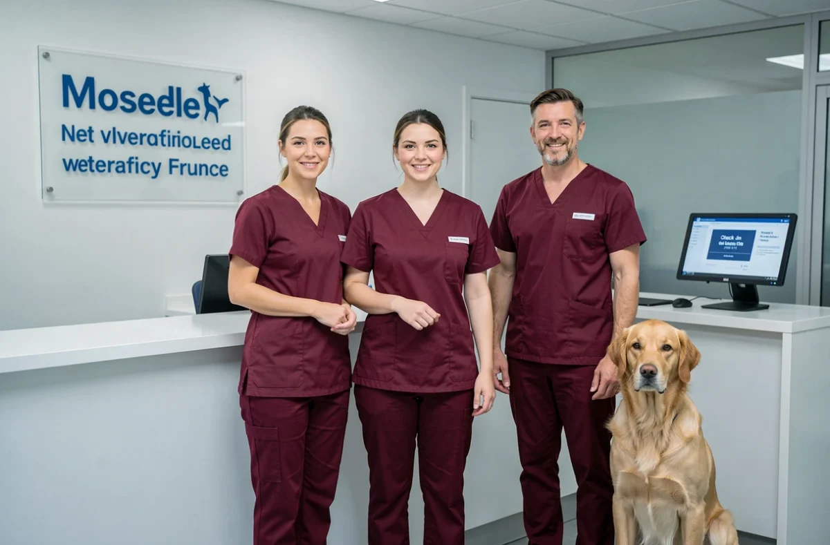 Équipe vétérinaire du réseau Guardiens en tenue bordeaux dans la salle d'accueil d'une clinique de Moselle