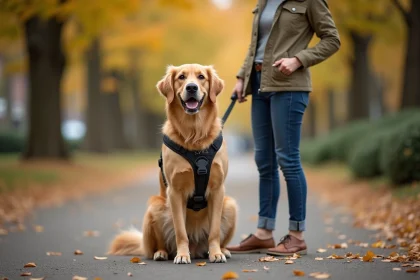 Golden retriever portant un harnais anti-fugue confortable en promenade avec sa propriétaire dans un parc automnal
