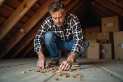 Homme d'âge moyen examinant des déjections animales dans un grenier