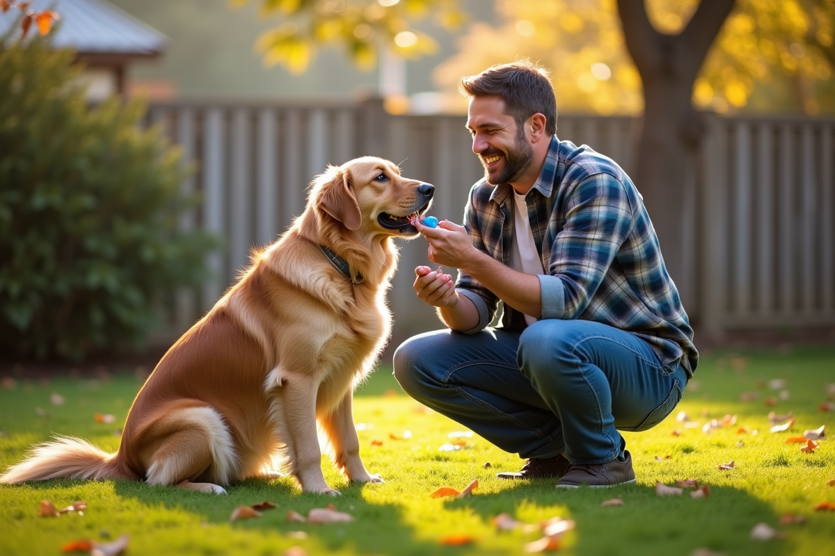Homme vérifiant les dents de son chien dans le jardin
