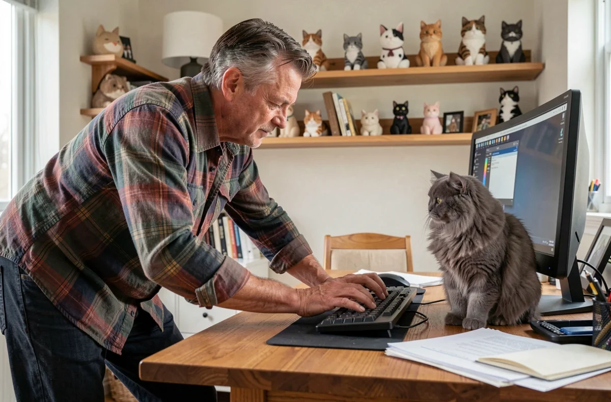Homme au bureau à domicile tapant sur un ordinateur avec un chat persan gris regardant l'écran