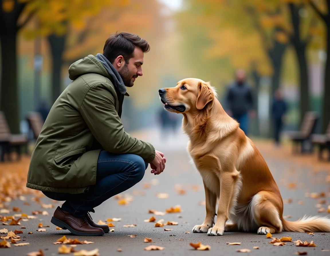 Homme agenouillé dans un parc face à face avec un chien adopté, symbolisant le lien de confiance créé lors d'une adoption responsable