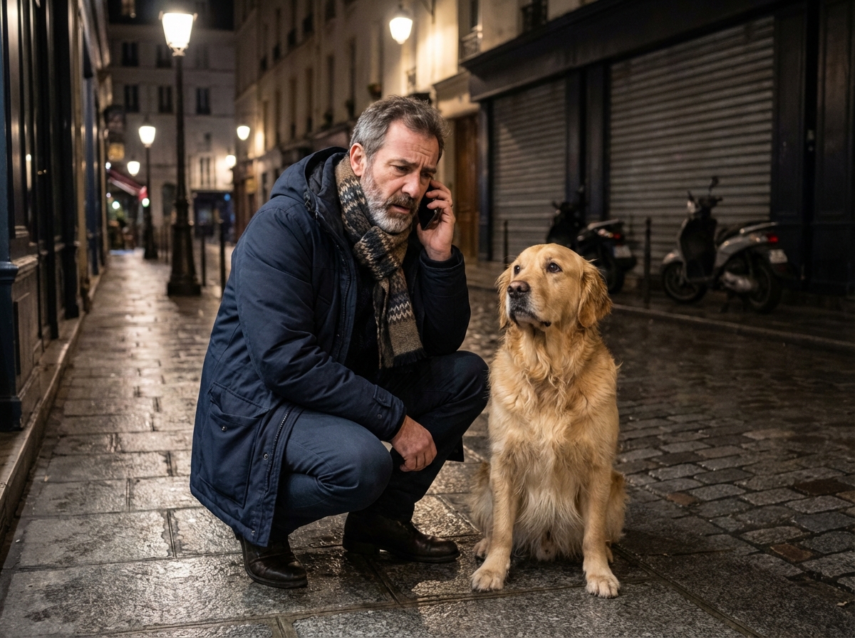 Homme avec chien golden retriever sur un trottoir parisien la nuit
