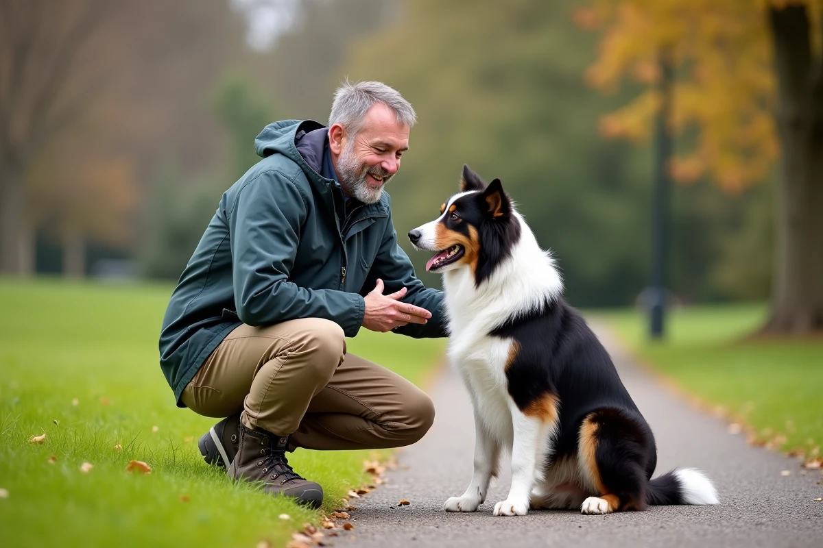 Homme et border collie en extérieur dans un parc