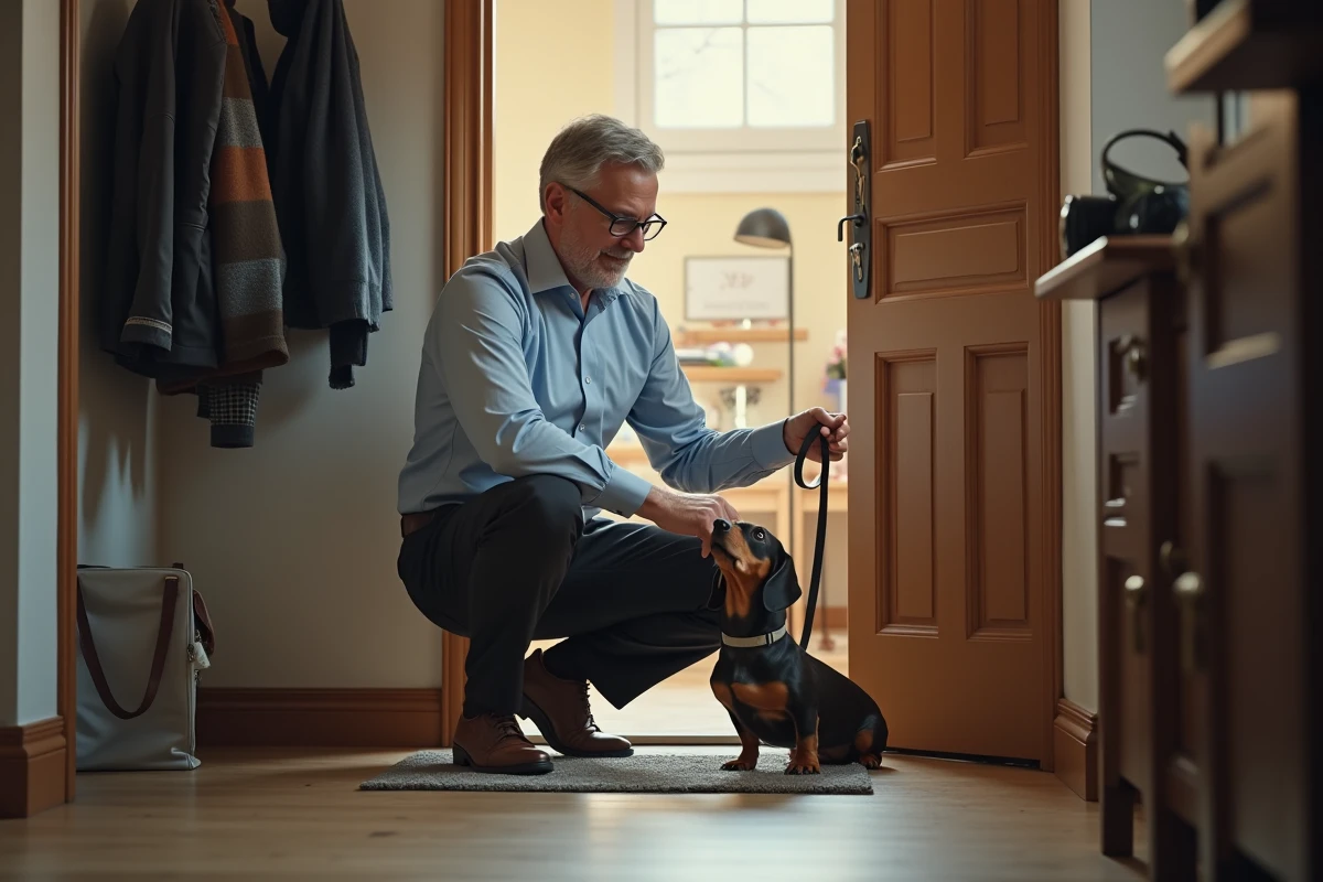 Homme avec chien dachshund devant la porte d