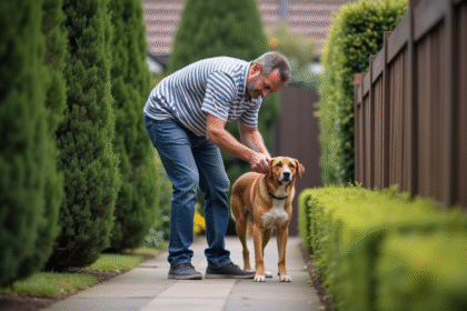 Homme d'âge moyen tenant un chien dans un quartier résidentiel