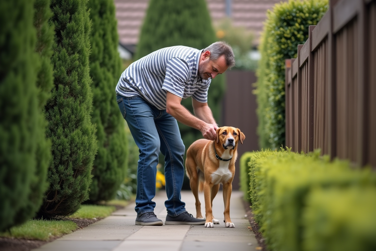 Homme d'âge moyen tenant un chien dans un quartier résidentiel