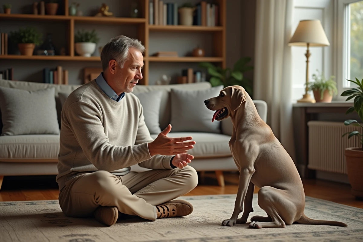 Homme assis avec un jeune Weimaraner dans un salon chaleureux