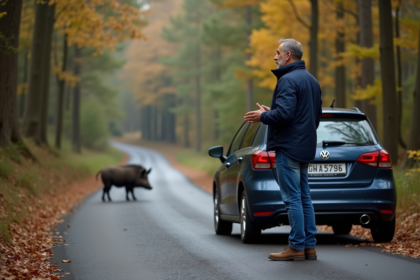 Homme surpris près de sa voiture avec un cerf en forêt
